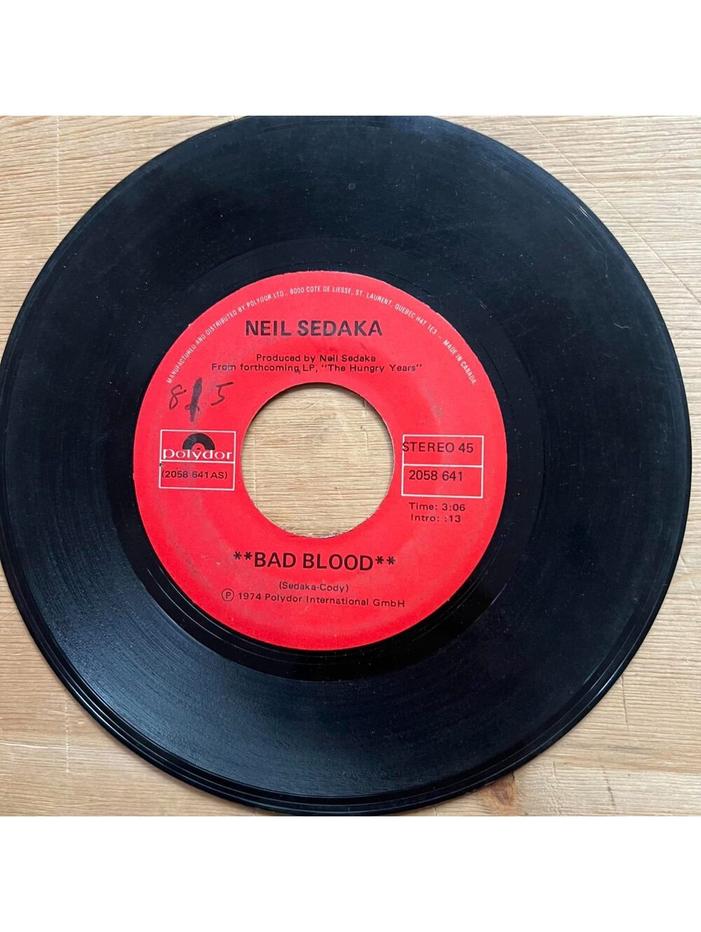 Neil Sedaka - Bad Blood/Your Favorite Entertainer 45rpm VG+ R18